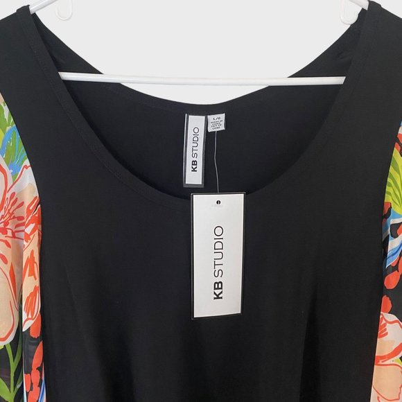 KB Studio Floral Print Blouse Womens Large Black Multicolor Drape Sleeve Top New - Picture 5 of 11